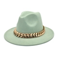 Detail view of light green fedora hat featuring a chunky gold chain strap decoration - M (56-58cm) / Mint Green