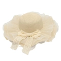 Detail of breathable straw sun hat with organza ruffles and large lace bow decoration - Beige
