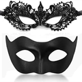Set of black lace masquerade eye mask and minimalist matte half-face mask for parties - Black Set (PVC Beauty + Pointed)