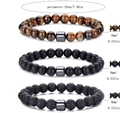 Tiger eye, matte black agate, and volcanic rock 8mm stone bead bracelet set - 8mm Tiger Eye & Matte Onyx & Lava Stone 3pcs Set