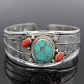 Bohemian open cuff bracelet with turquoise and coral in a vintage feather leaf design - Feather Red Coral Turquoise