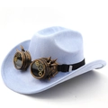 Close-up of steampunk goggles with gears on a light blue suede cowboy hat detail - M(56-58cm) / Light Sky Blue
