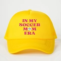 Yellow foam trucker hat with pink In My Soccer Mom Era text and football graphic - One Size / Yellow