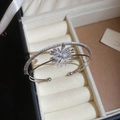 Detailed macro view of silver fireworks zircon double-layer open bangle on jewelry tray - Silver
