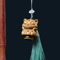Carved sandalwood cat pendant with bronze base and elegant green tassel accessory - Green Sandalwood Nine-Tailed Fox - No Aroma Pill