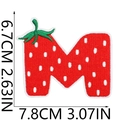 Detailed strawberry letter M embroidered patch with red fruit texture and size markings - Strawberry Letter M