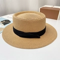 Flat top straw boater hat with black ribbon detail shown from a 45-degree angle view - Khaki Black Edge Indented Top Hat (D-358)
