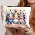 Cute Christmas gnome makeup bag with zipper featuring holiday illustrations and cream finish - Pattern 7/Starry Christmas Gnomes