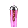 Detail of 24oz plastic tumbler with pink body, silver stars, and dome lid with straw - Style N/Rose Red Stars