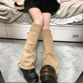 Thick beige knit Y2K leg warmers with ribbed cuffs in a loose flared style for women - One Size / Khaki