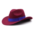 Detailed side view of a wine red fedora hat featuring a striking royal blue ribbon band - Burgundy