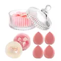 Microfiber plush powder puff set with bow and glass storage jar in pink and white - 1 Beige + 1 Pink + 4 Pink Flocking Sponges (In Glass Jar)