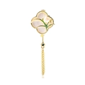 Eleganter Gold-Kleeblatt-Anstecknadel mit Perlmutt, Emaille und Perlen-Quasten - Orchidee