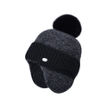 Berretto invernale in maglia con paraorecchie grigio scuro e nero, grande pompon e fodera in pile - Nero