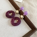 Detailed view of purple acrylic drop earrings with marble texture on a linen display - Silver Earring Post - Purple
