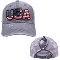 Macro view of USA flag embroidery and high ponytail hole detail on distressed grey mesh cap - Ponytail Hole Design / Gray - USA Letters