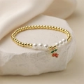 Elegant cherry charm bracelet with gold beads, white pearls and colorful zircon details - E000416YS-Micro Pave Red Green Cherry