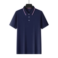Men's navy blue polo shirt with tricolor striped collar and casual short sleeves - Navy Blue