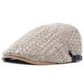 Beige geruite tweed newsboy pet met kaki klep en verstelbare zwart lederen riemsluiting - Verstelbaar / Beige