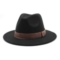 Classic black wool fedora hat with a stylish brown leather band on white background - M (56-58cm) / Black
