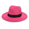 Detailed view of pink straw fedora with fine weave and classic black ribbon trim - Rose Red