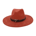 Red wide-brim fedora hat with ethnic patterned band and bull head emblem - Colorful Bull Head Ornament / Rust red