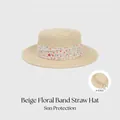 Chapeau de paille beige avec ruban floral et bord plat pour protection solaire - Réglable (54-58cm) / Beige Avec Ruban Beige