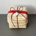 Square handmade bamboo gift box with red ribbon, white pearl and Thank You tag - Square Box Red Cord Style