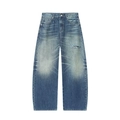 Women's mid-waist loose fit distressed denim jeans in washed blue with rolled cuffs - XS / Washed Blue