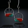Bohemian vintage drop earrings with red and green resin stones in silver finish - S342 Red Green Contrast