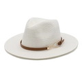 Macro detail of white woven straw fedora hat with brown leather band and gold metal buckle - M (56-58cm) / White