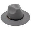 Detailed macro view of a grey felt fedora featuring a black leather band and gold buckle - One Size / Light Grey (Single Band)