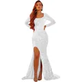 Elegant white sequin velvet evening gown featuring long sleeves and a high side slit design - US size 2 (S) / Top And Bottom / White