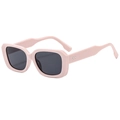 Retro rectangle sunglasses with pink frames and grey lenses, front side perspective - Pink Frame Dark Grey Lens