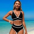 Two-piece black bikini set with white contrast trim and high-waisted bottoms - S / Black