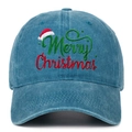 Detailed front view of washed blue baseball cap with Merry Christmas embroidery motif - Adjustable / Lake Blue