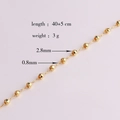 Detail view of 18k gold plated copper chain necklace with 2.8mm beads and size specs - Style 6 (0.8mm Ball Chain)