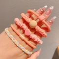 Five-piece set of high-elastic pink hair ties for girls with heart and bead charms - Orange Series