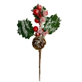 Artificial Christmas pine needles branch with red berries and frosted pinecone decor - Snowy Pine Cone & Berries & Holly Leaves SC-8-7