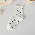 White cotton mid-calf socks with black bow and polka dot patterns and rolled edge cuff - 36-40 / White with Polka Dot Bow