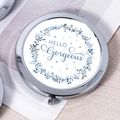 Silver round compact mirror with floral wreath and HELLO Gorgeous print - Hello Gorgeous Blue Tone