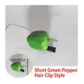 Detail view of a 5cm green pepper hair clip with size measurements on white card - Short Green Chili