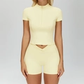 Light yellow yoga set with zip-up short sleeve top and V-cross high waist shorts - S / Top And Bottom / Creamy Yellow