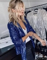 Royal blue sequin blazer jacket with long sleeves and lapel collar for elegant women - S / Blue
