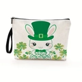 Saint Patrick's Day makeup bag with clover rabbit pattern and durable wristlet strap - Bunny In Green Outfit With Scattered Shamrocks (Style 2)