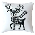 Dettaglio della stampa a renna con sciarpa a quadri bianchi e neri su fodera per cuscino - 45x45cm / Cervo con sciarpa a quadri