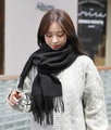 Classic black cashmere blend winter scarf with fringe detail worn by a model - Cationic Viscose Style / 200x70cm / Black