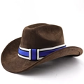 Detailansicht eines braunen Cowboyhuts aus Wildleder mit blau gestreiftem Band - M (56-58cm) / Kaffeebraun