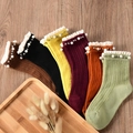 Set of 6 ribbed cotton socks with elegant lace trim and decorative pearls in vintage colors - One Size / Dark Colors Mixed