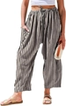 Vertical striped wide-leg trousers with elastic drawstring waist in beige and black - S / Black Grey Stripe